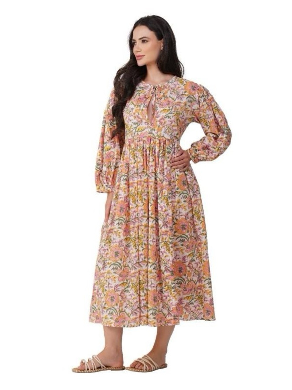Purple Mohar Glistening Dreams Floral Pink Bohemian Midi Dress with Long Sleeves
